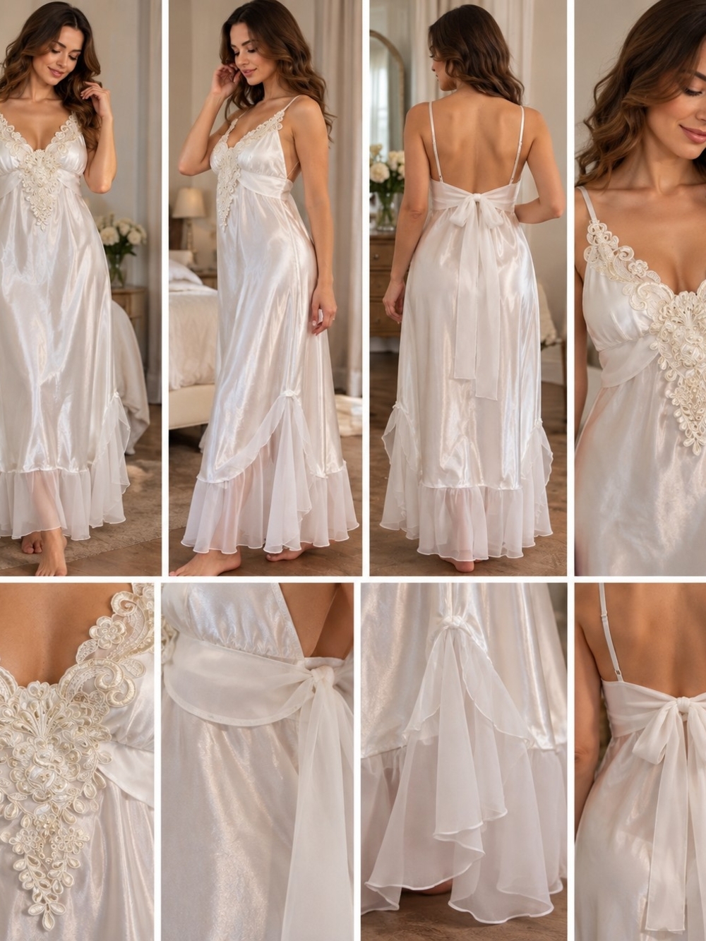 Lace-Trim Satin Maxi Slip Nightgown - Cream